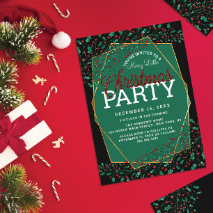 Red Green Glitter Holly Leaves Christmas Party Invitation