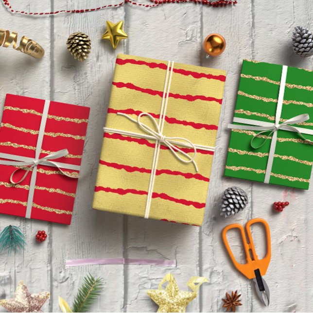 Red & Green Glittery gold Christmas  Wrapping Paper Sheet (Glittery gold lines Christmas set of 3 Wrapping Paper Sheet)
