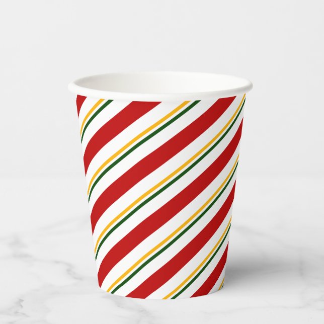 Red Green & Gold Candy Cane Stripes Christmas Paper Cups (Front)