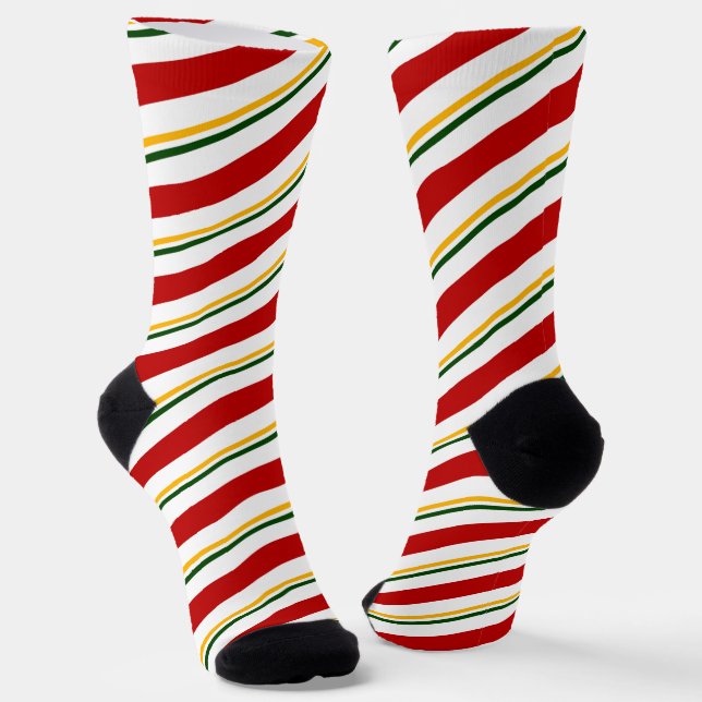 Red Green & Gold Candy Cane Stripes Christmas Socks (Angled)