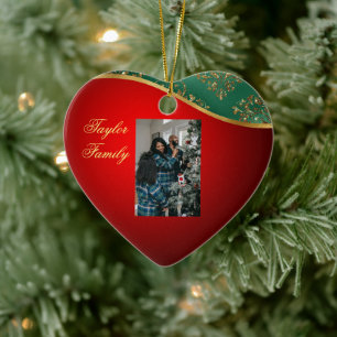 Red, Green, & Gold Ceramic Heart Photo Ornament