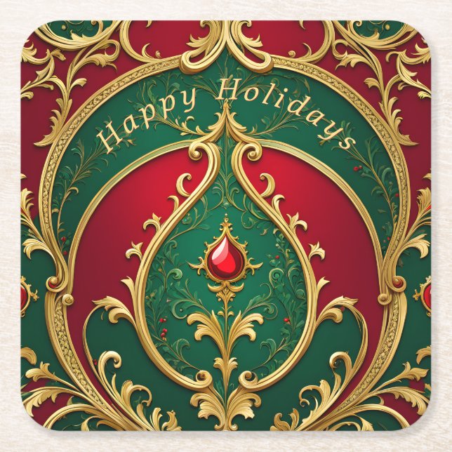 Red Green Gold Christmas Holiday Paper Coaster (Front)