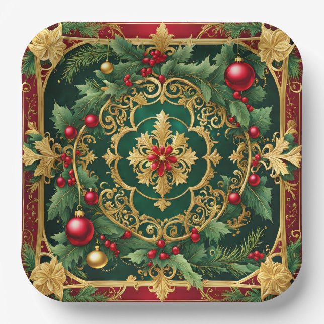 Red Green Gold Christmas Holiday Paper Plate (Front)