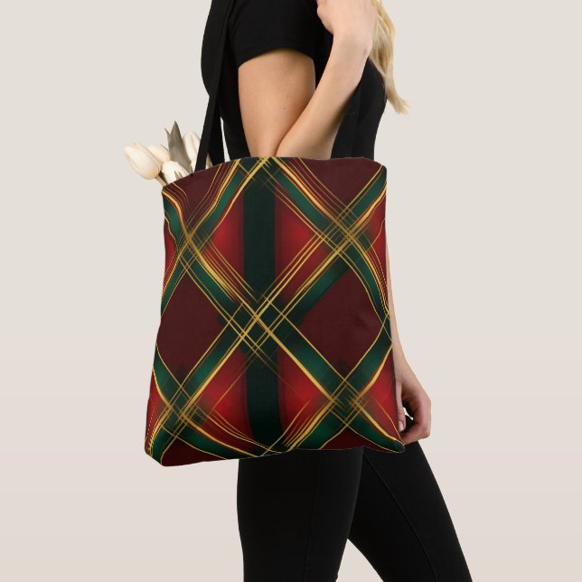 RED GREEN GOLD CHRISTMAS HOLIDAY PLAID PATTERNS TOTE BAG (Close Up)