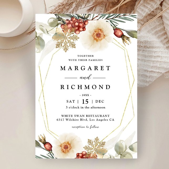 Red Green & Gold Christmas Wreath Winter Wedding Invitation (Creator Uploaded)