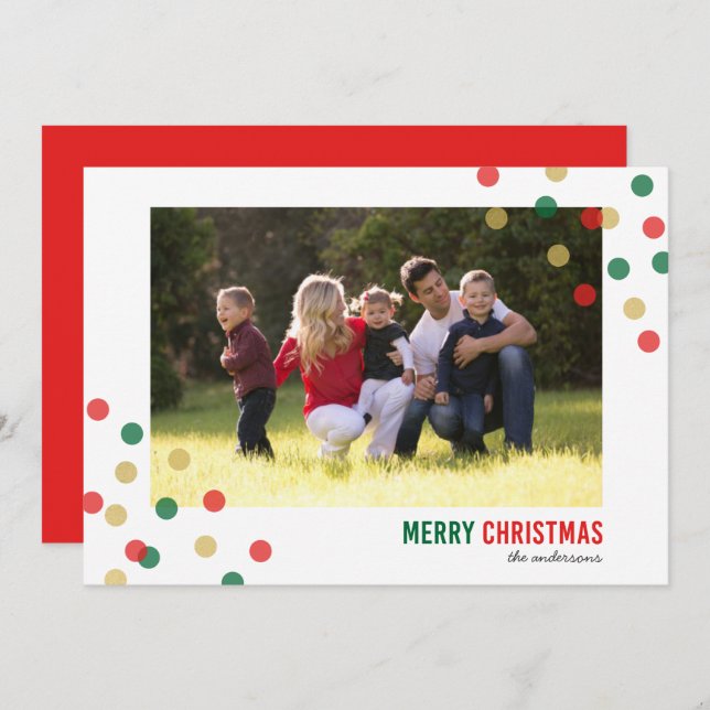 Red Green Gold Confetti Photo Merry Christmas Card (Front/Back)