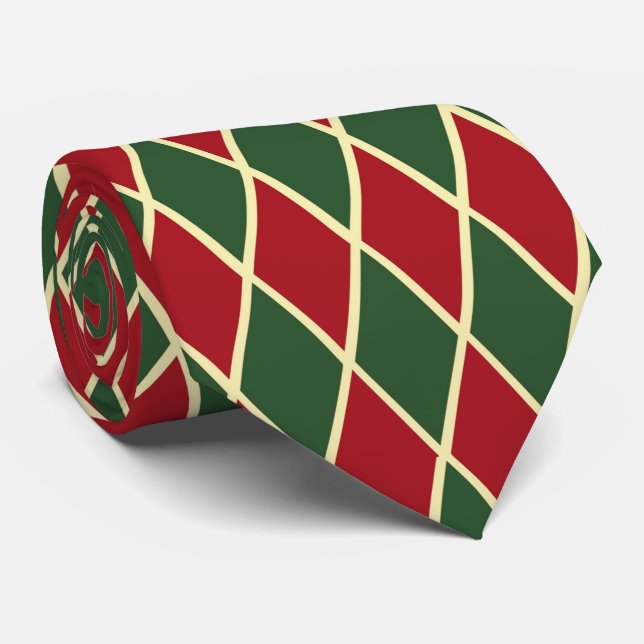 red green gold diamond tiled pattern Christmas Tie (Rolled)