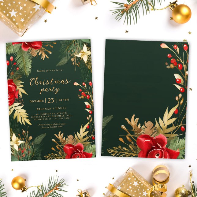 Red Green Gold Elegant Holiday Christmas Party Invitation (Red Green Gold Elegant Holiday Christmas Party Invitation)
