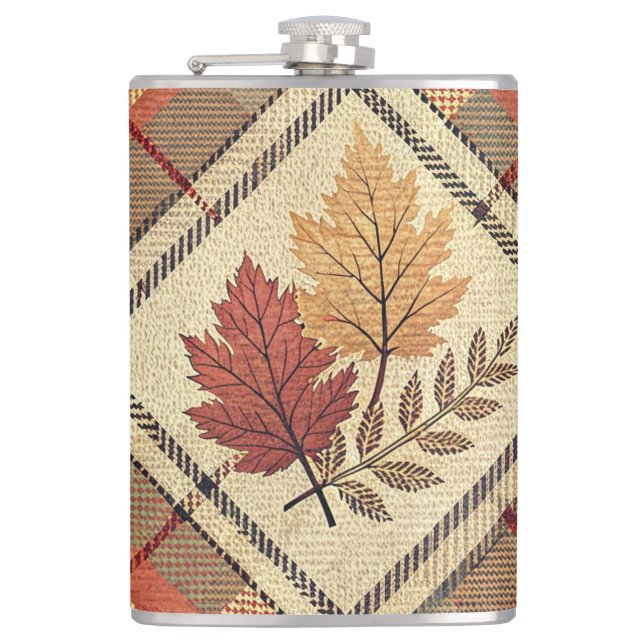 RED GREEN GOLD FALL PLAID PATTERNS WITH LEAVES HIP FLASK (Front)