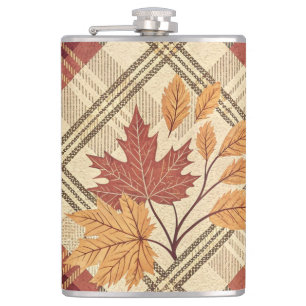 RED GREEN GOLD FALL PLAID PATTERNS WITH LEAVES HIP FLASK