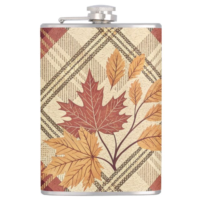 RED GREEN GOLD FALL PLAID PATTERNS WITH LEAVES HIP FLASK (Front)