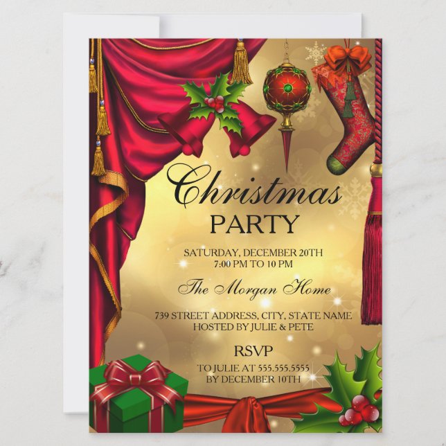 Red Green Gold festive Christmas Holiday Invite (Front)