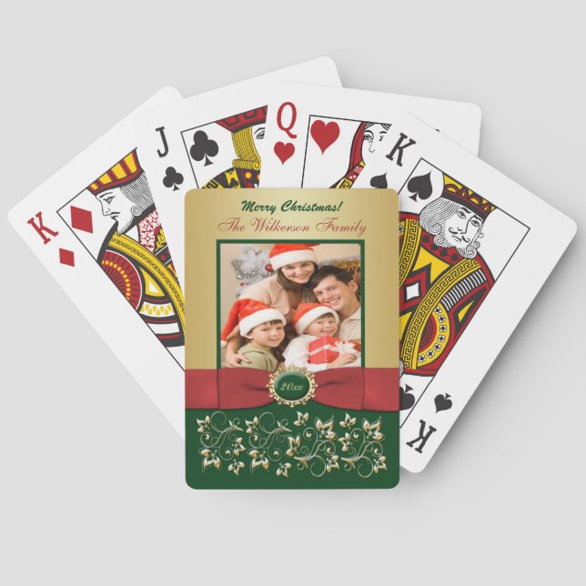 Red, Green, Gold Floral Photo Playing Cards (Back)