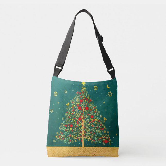 Red Green Gold Glitter Chrismas Winter Bird Tree Crossbody Bag (Front)