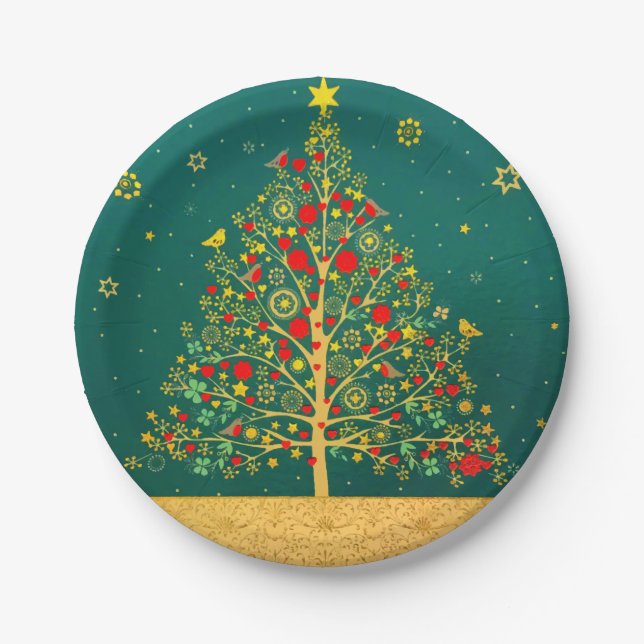 Red Green Gold Glitter Chrismas Winter Bird Tree Paper Plate (Front)