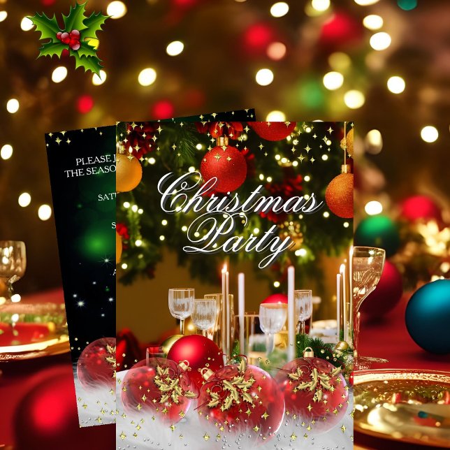 Red Green Gold Holly Baubles Christmas Party Invitation (Creator Uploaded)