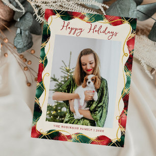 Red Green Gold Plaid Pattern Happy Holidays Photo Holiday Card