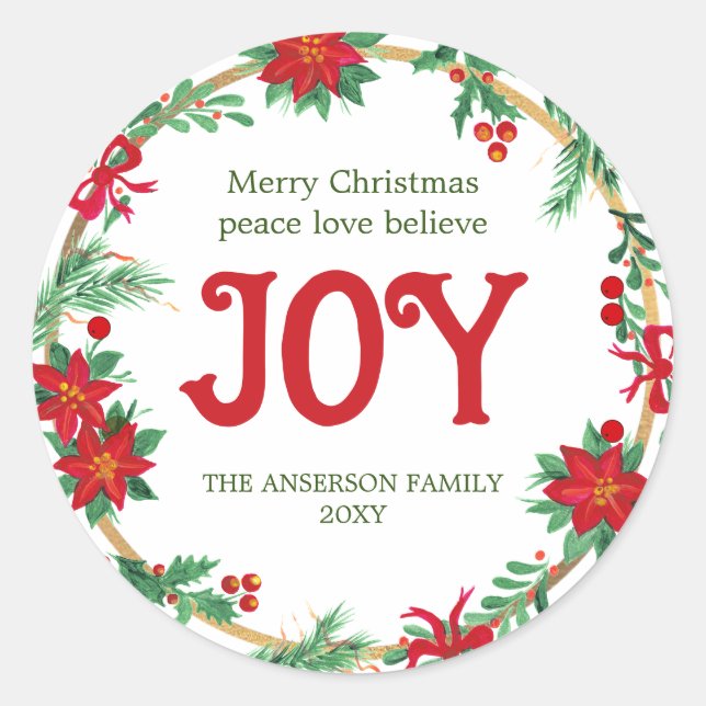 Red Green Gold Poinsettia Wreath Modern Christmas Classic Round Sticker (Front)