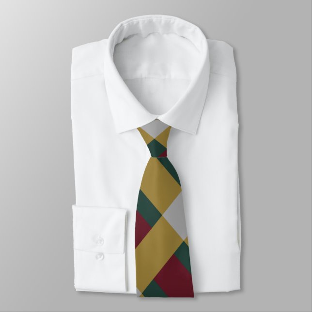 Red Green Gold Silver Color Block Print Tie (Tied)