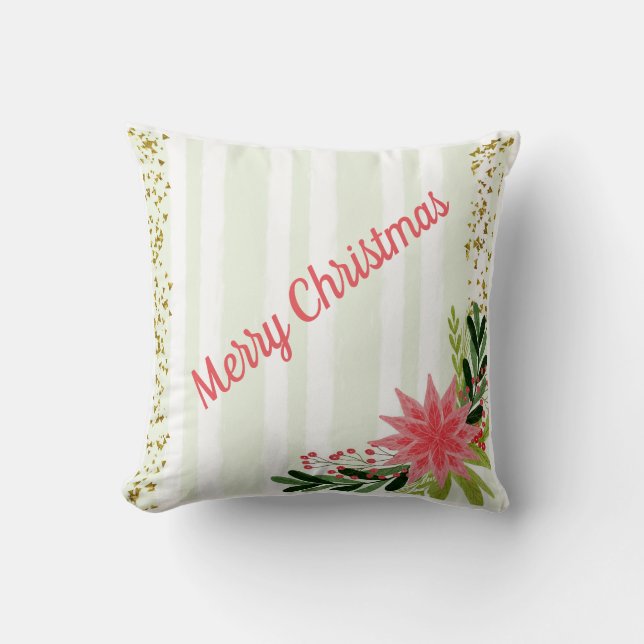 Red Green Gold Sparkle Poinsettia Christmas Cushion (Front)