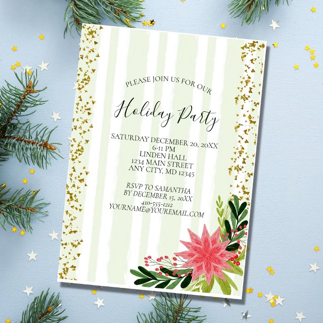 Red Green Gold Sparkle Poinsettia Holiday Party Invitation (Creator Uploaded)