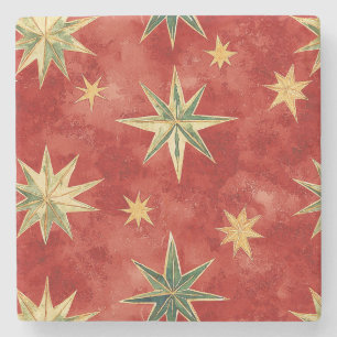 Red Green Gold Stars Christmas Stone Coaster
