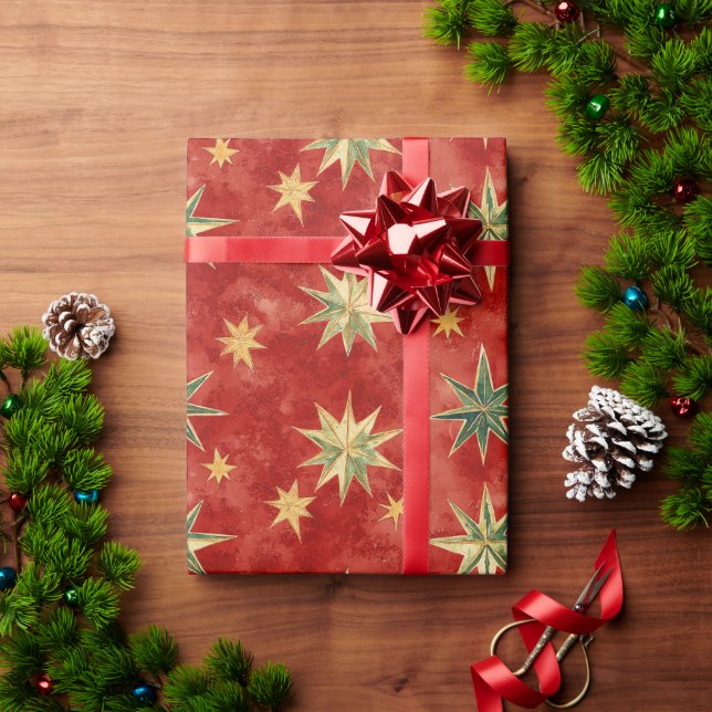 Red Green Gold Stars Christmas Wrapping Paper (Holiday Gift)
