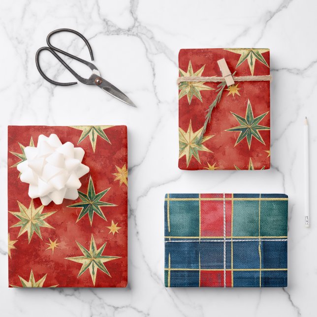 Red Green Gold Stars Christmas Wrapping Paper Sheet (Front)