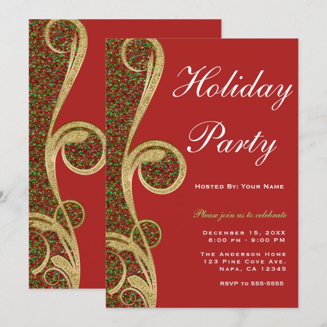 Red Green Gold Swirl Christmas Holiday Party Invitation (Front/Back)