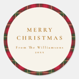 Red Green Gold Tartan Plaid Merry Christmas Family Classic Round Sticker