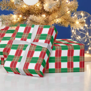 RED GREEN GOLD WHITE CHRISTMAS PLAID PATTERNS WRAPPING PAPER