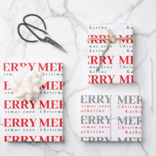 Red green gray Christmas name modern holiday style Wrapping Paper Sheet