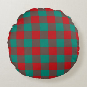 Red Green Grey Plaid Chequered Pattern Round Cushion