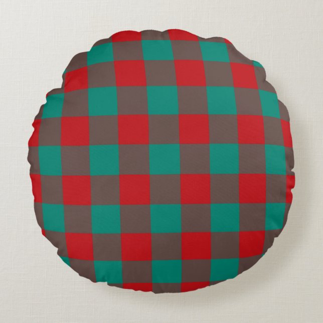 Red Green Grey Plaid Chequered Pattern Round Cushion (Front)