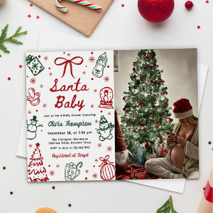 Red Green Hand Drawn Christmas Baby Shower Photo Invitation