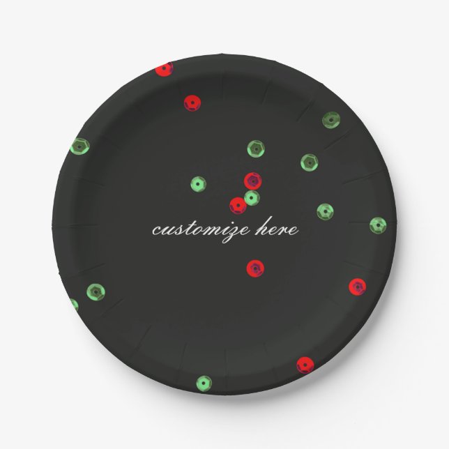 Red & Green Holiday Sequins Christmas Party Paper Plate (Front)