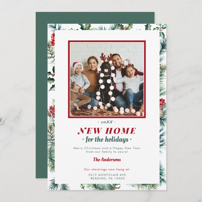 Red Green Holidays Frame New Home Elegant Photo Holiday Card (Front/Back)