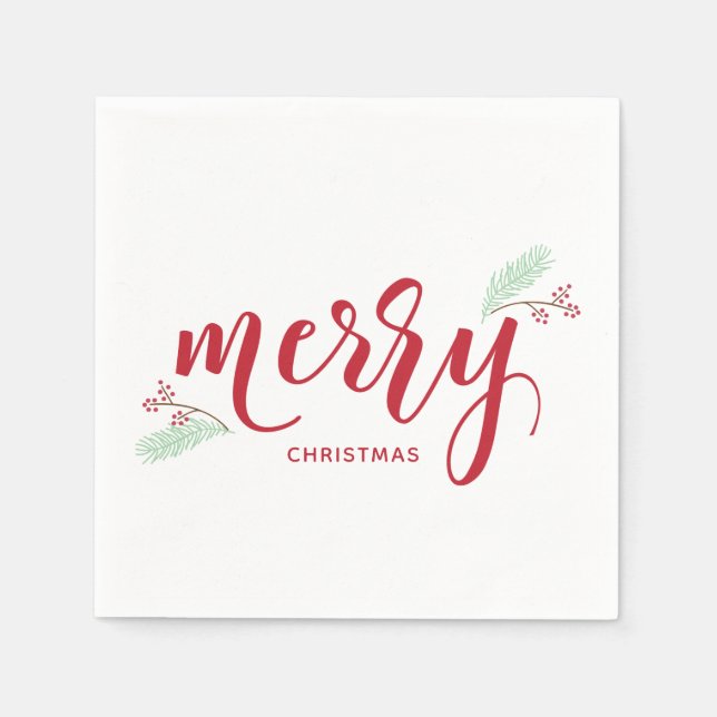 Red & Green Holly and Pine Merry Christmas Holiday Napkin (Front)