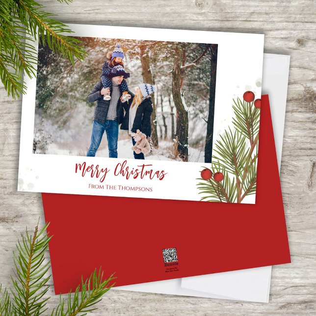 Red Green Holly Berries Christmas Photo Holiday Card (Merry Christmas watercolor greenery holiday photo card template. )