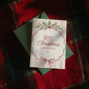Red Green Holly Berries Striped Ribbon Christmas Holiday Card