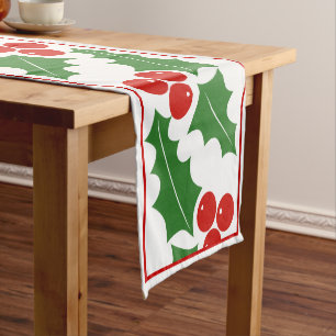 Red, green holly berry border Christmas holiday Short Table Runner