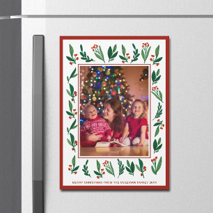 Red Green Holly Berry Christmas Photo Magnet Card