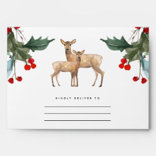 RED GREEN HOLLY BERRY DEER DUO CHRISTMAS ADDRESS ENVELOPE