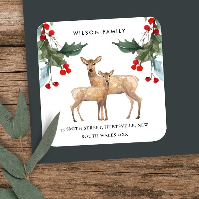 RED GREEN HOLLY BERRY DEER DUO NEW YEAR ADDRESS SQUARE STICKER (Creator Uploaded)
