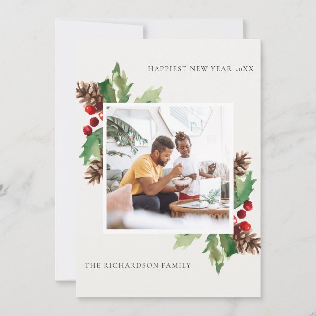 RED GREEN HOLLY BERRY PINE CONE NEW YEAR PHOTO HOLIDAY CARD (Front)