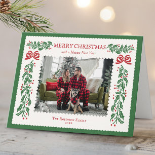 Red Green Holly Garland 1 Photo Merry Christmas Holiday Card