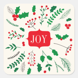 Red Green Holly Joy Christmas Pattern Square Sticker