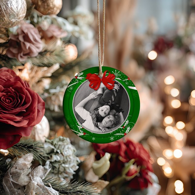 Red Green Holly Ribbon 1st Christmas Photo | Ceramic Tree Decoration (Creator Uploaded)