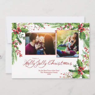 Red Green Holly Watercolor Two 2 Photo Christmas Holiday Card