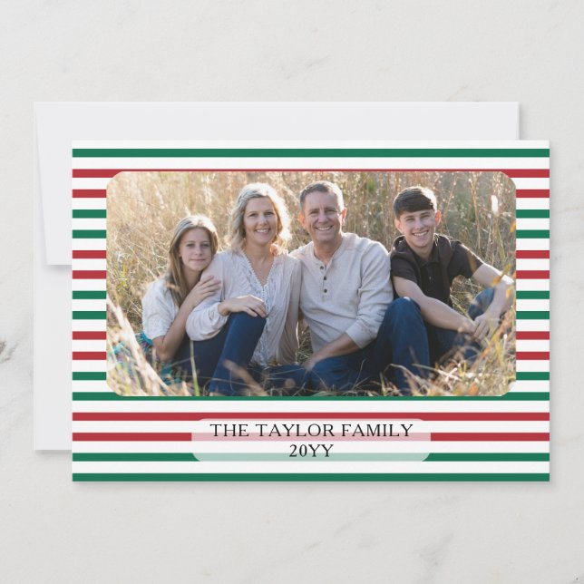 Red Green Horizontal Stripes Classic Striped Photo Holiday Card (Front)